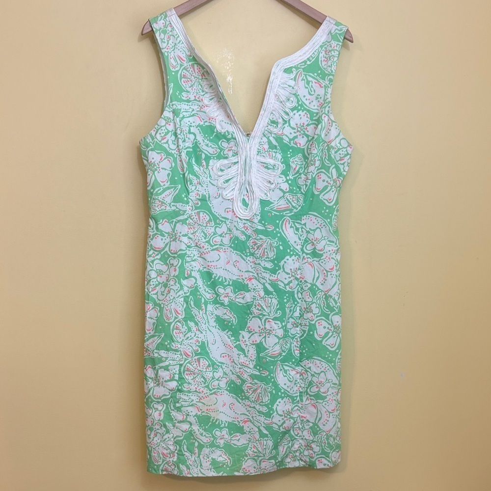 Lilly Pulitzer | Green Pink White Janice Beach Bash Cotton Shift Dress 12 52950